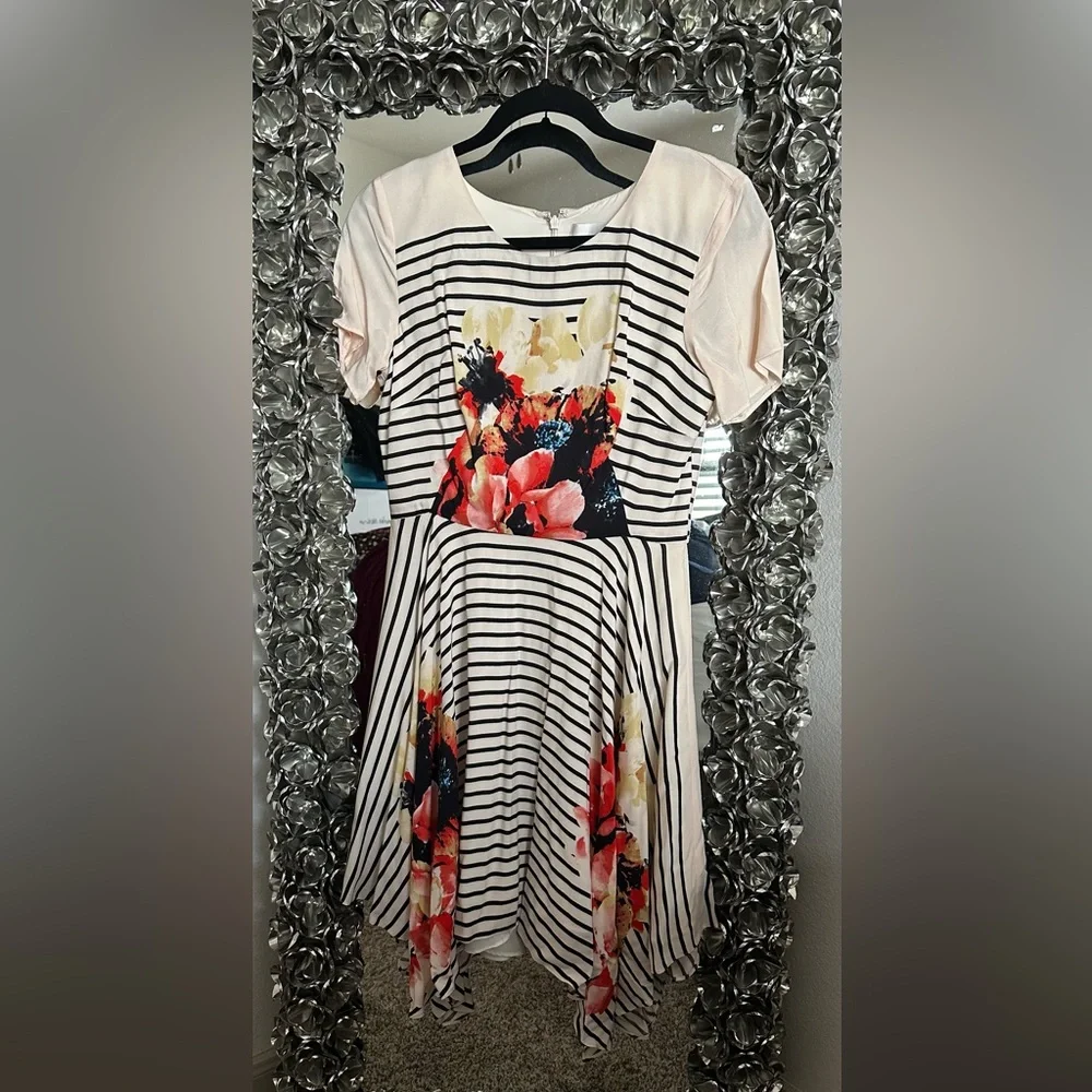 Anthropologie Corey Lynn Calter Cream and Black Striped Flower Dress - Picture 3 of 5